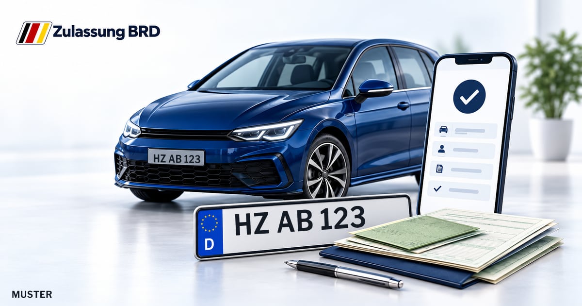 Online Fahrzeugzulassung in Osterwieck: Musterkennzeichen HZ AB 123, Auto und Fahrzeugpapiere und Smartphone. Illustration mit Logo von Zulassung BRD.